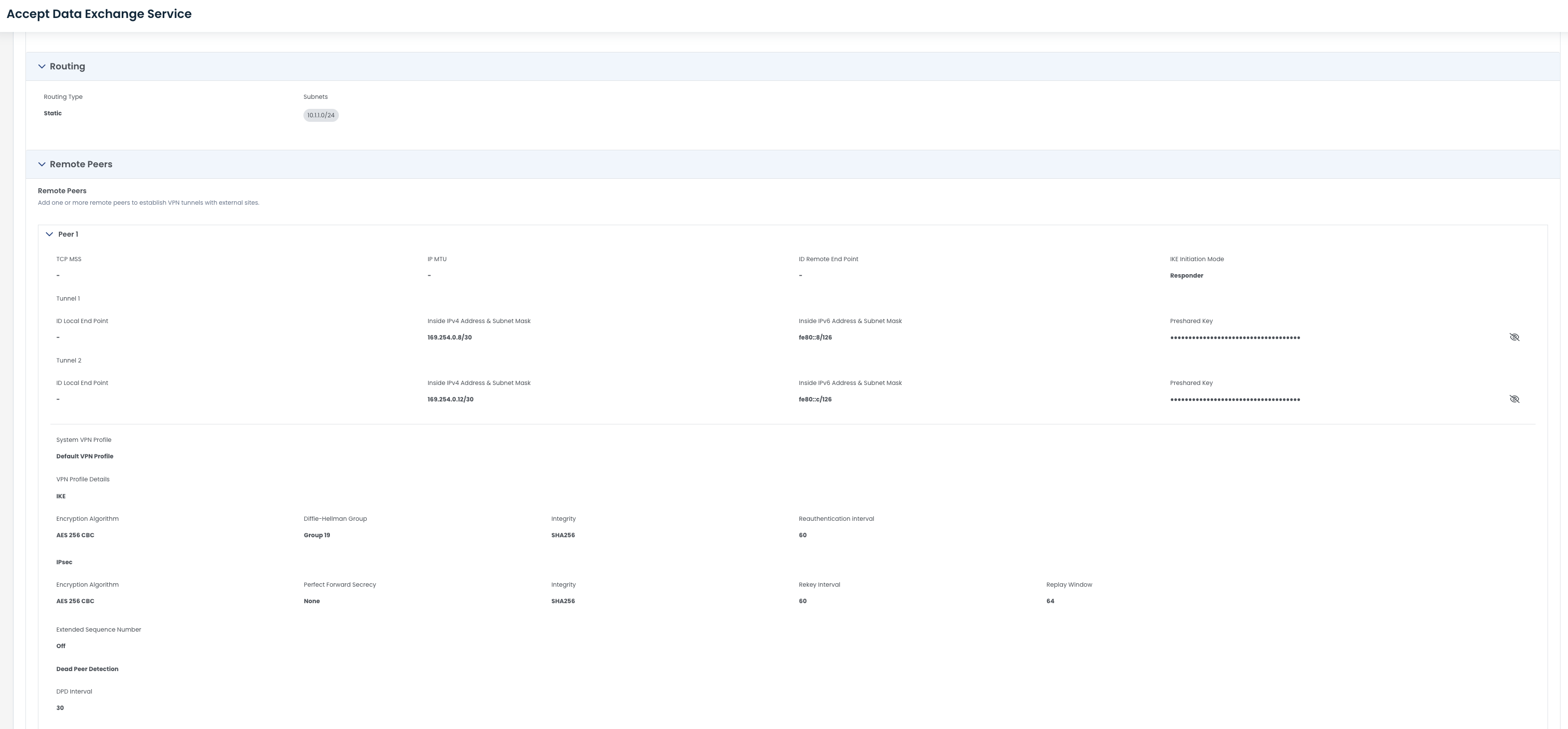 Configuration settings for VPN profiles, including encryption algorithms and IP addresses.